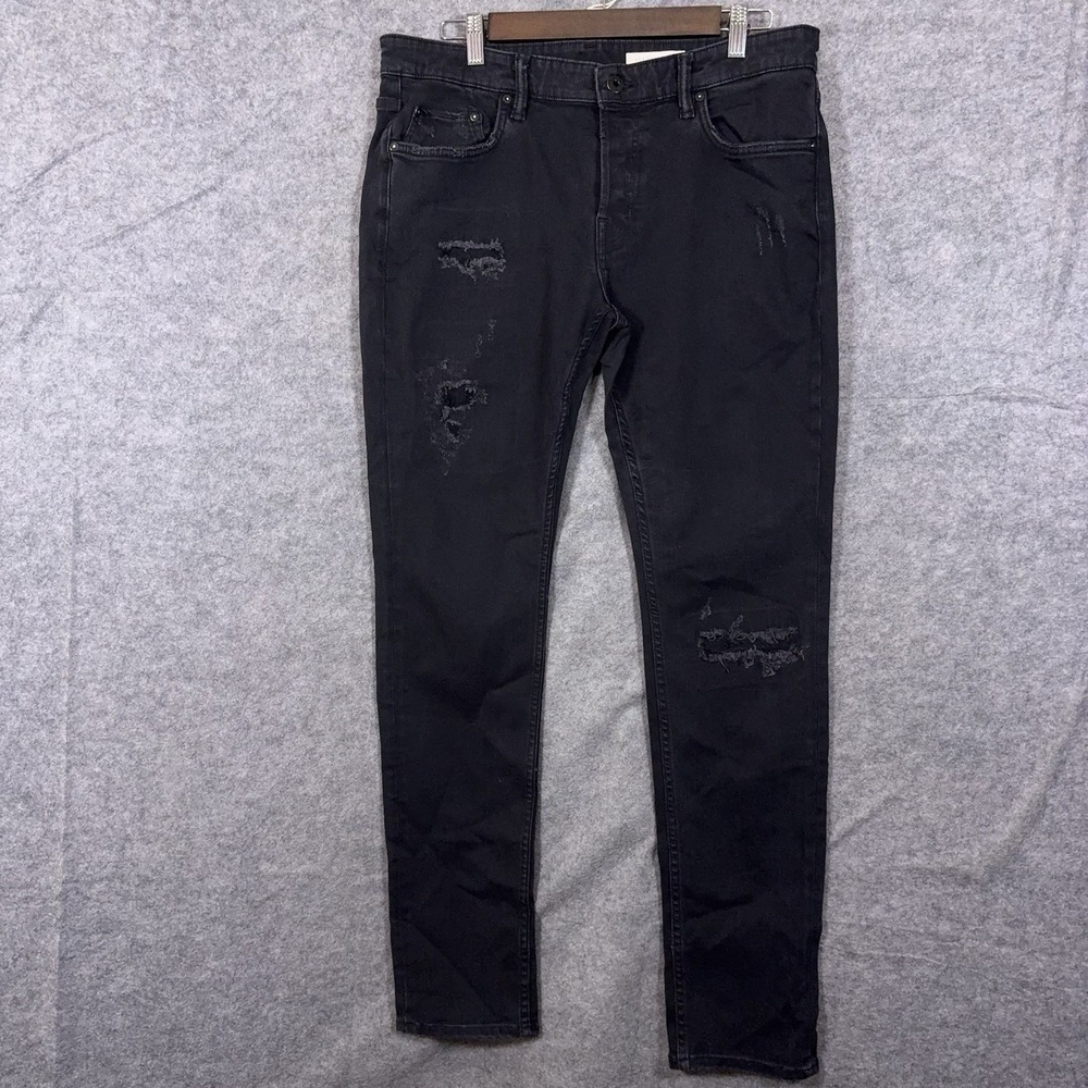Allsaints Jeans Mens 32x32 Black Rex Distressed Slim Fit Stretch Button Fly